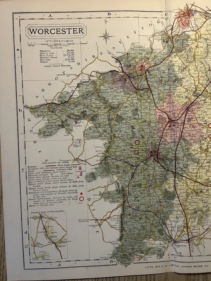 1884 Worcestershire Original Antique County Map by Letts - Image 2 of 3