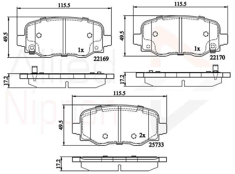 Brake Pad Set Rear 115.5 mm Length Fits Fiat 500X Jeep ALLIED NIPPON ADB32303