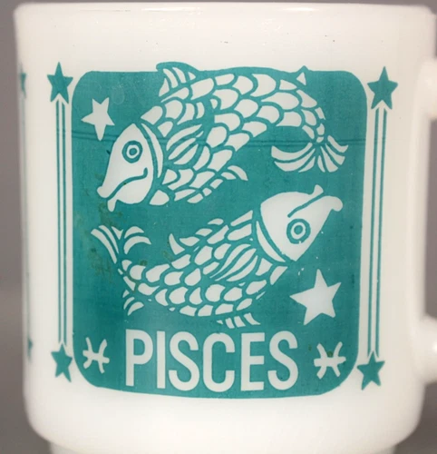 Vintage 70s Milk Glass Pisces Zodiac Mug 14 White & Sea Green 1970s