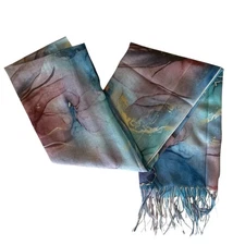 RD Watercolor Floral Scarf Womens Fringed Trim Blue Purple Art Rectangle Soft 