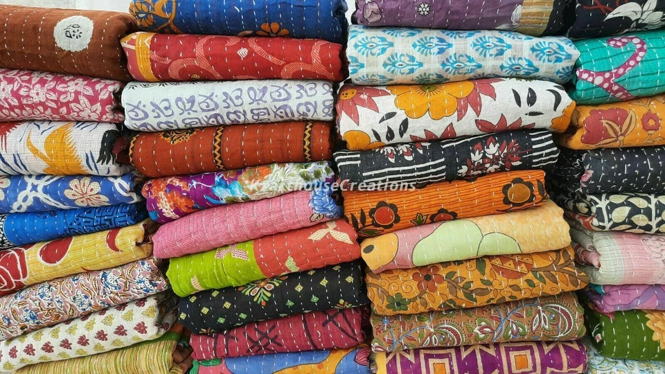 Lote al por mayor vintage hecho a mano al por mayor Kantha edredón reversible ropa de cama funda de cama Foto 2 de 4