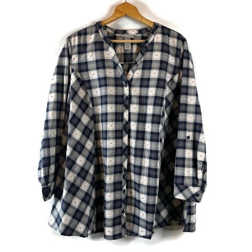 Catherines Damen Shirt Oberteil Größe 1X Blau Kariert Knopfleiste Langarm V-Ausschnitt