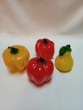 Vtg Set 4 Hand Blown Art Glass Vegetables Fruits Murano Style Pear, Peppers. EC
