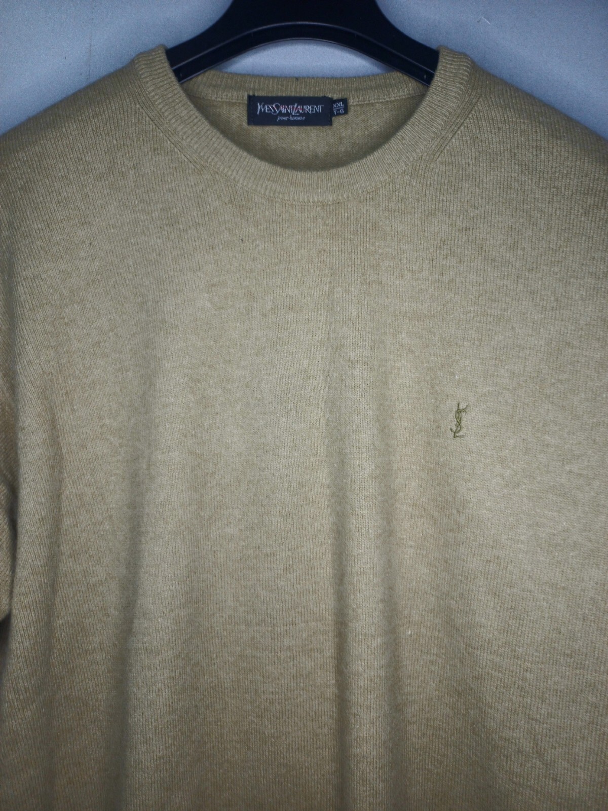 Maglione maglia girocollo Yves Saint Laurent lana angora logo Ysl XXL beige