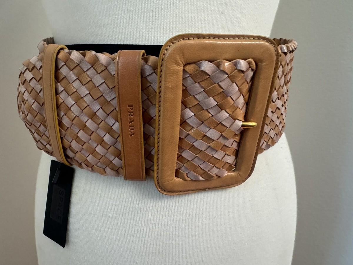 PRADA womens designer leather belt wide braided pink tan 