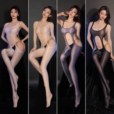 Womens Shiny Glossy Bodysuit See Through Jumpsuit Hollow Out Tights Bodystocking