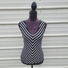 Chaps Sz S Women's Striped V Neck Tank Top Sleeveless Shirt Cotton Nylon Black