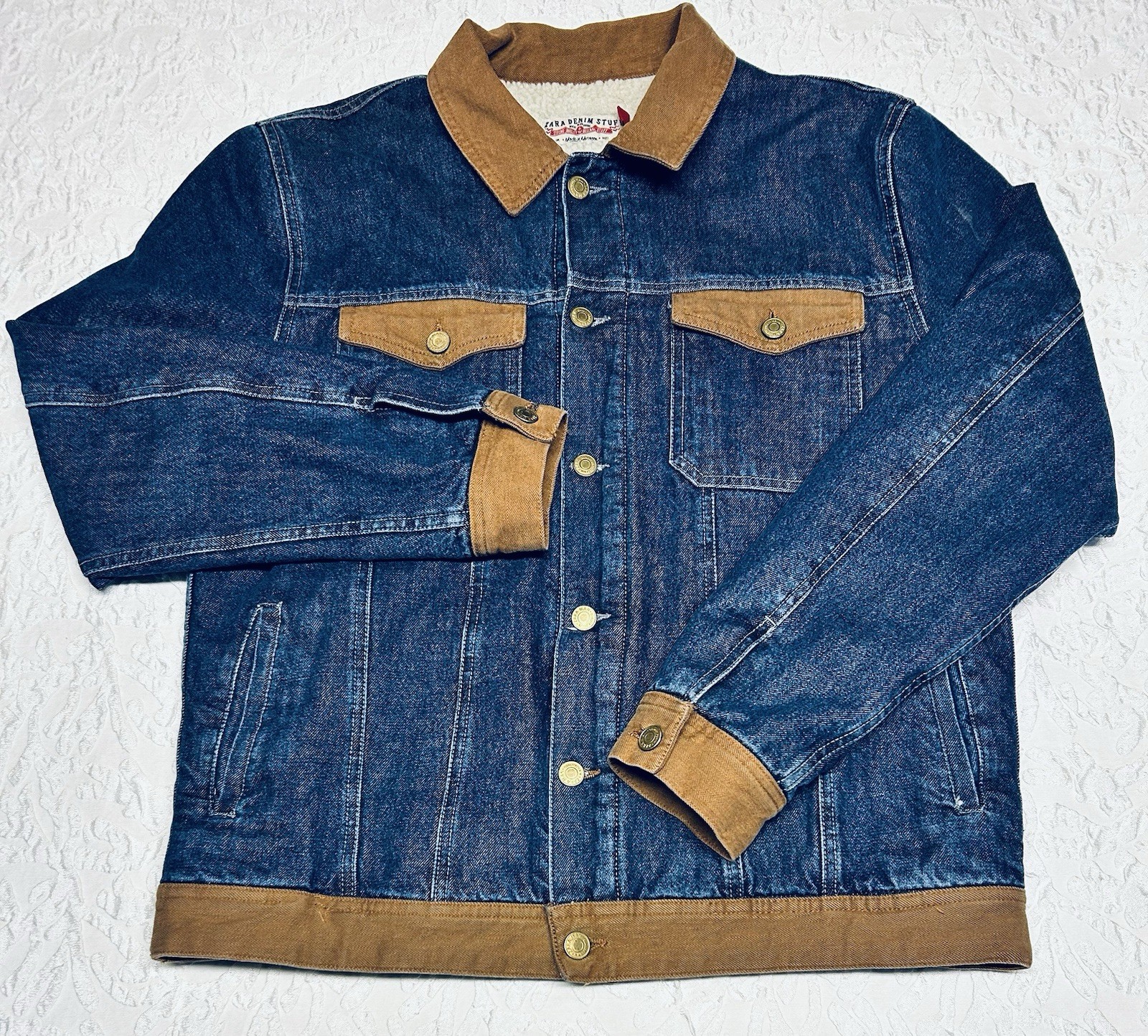 New Zara Denim Stuff Men's XL Jean Blue Sherpa Lined Jacket 4 Front Pockets