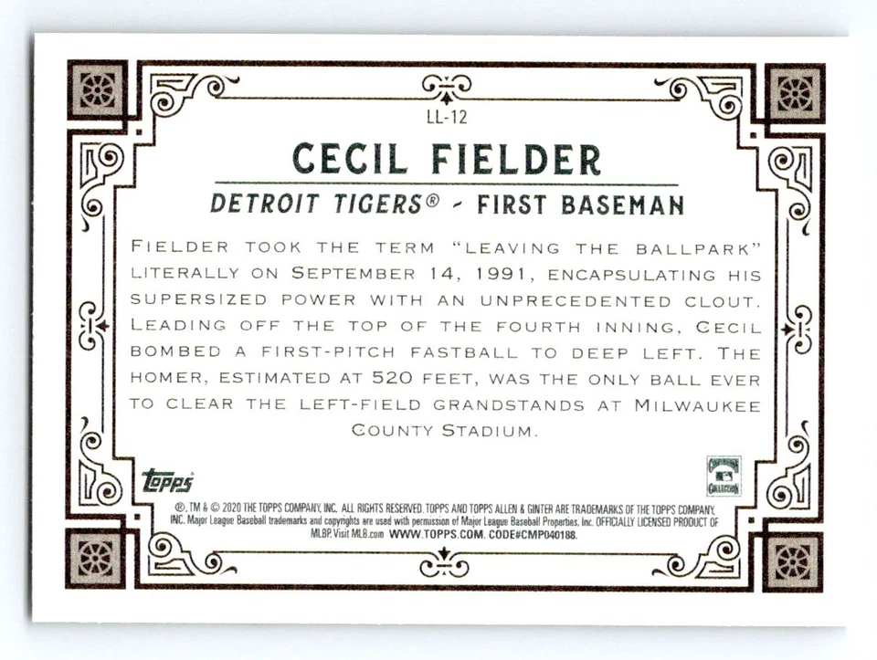 2020 Topps Allen & Ginter's - Longball Lore Cecil Fielder #LL-12 - Image 2 of 2