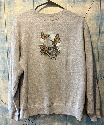 VANS Men s Grey Crewneck Sweatshirt Graphic Butterfly & Skull Medium