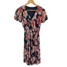 Kate and Lily Navy Floral Mesh V-Neck Smocked Waist Midi Dress Womens 6
