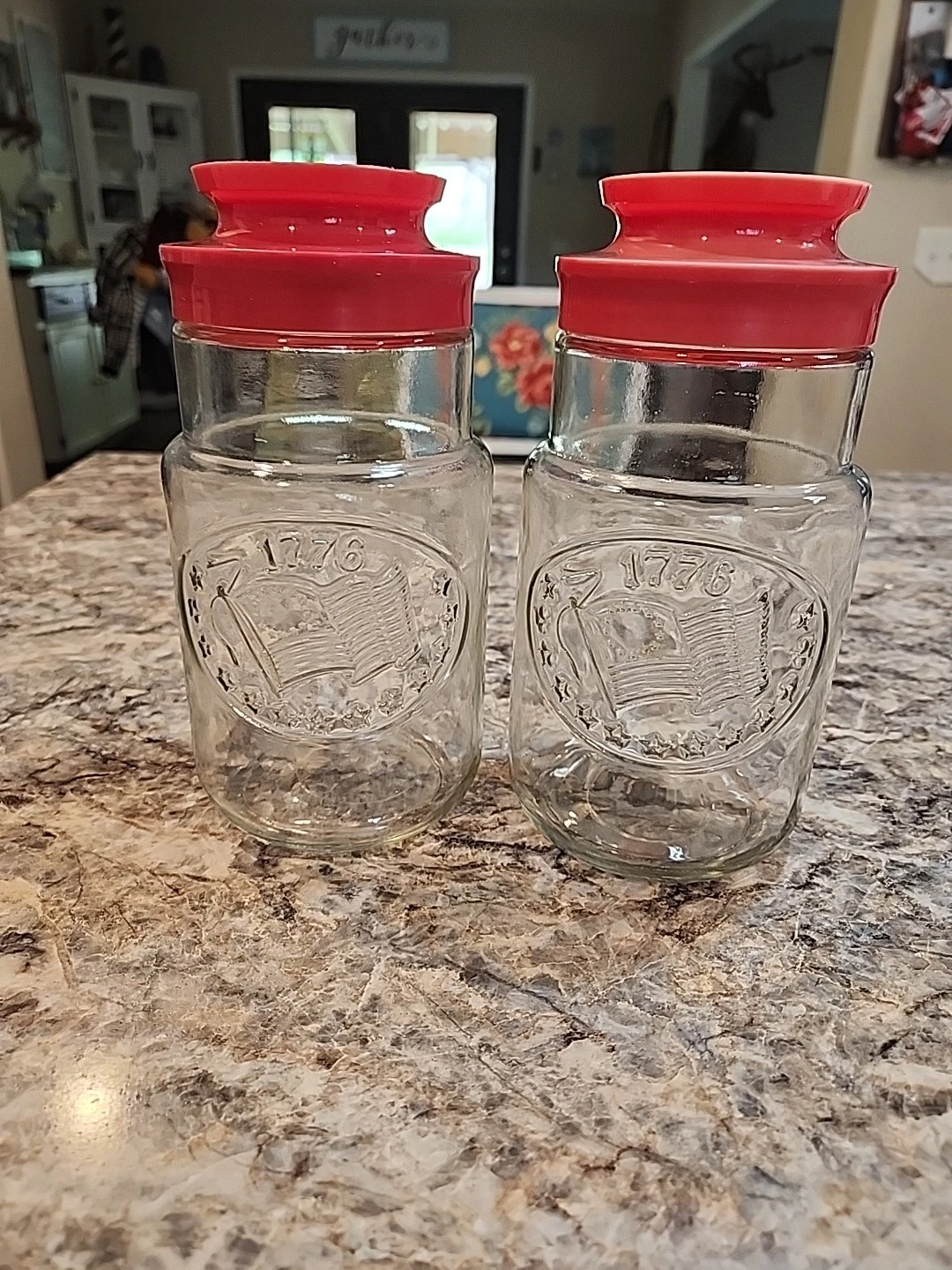 Vintage Anchor Hocking 1776 Flag And stars Glass Jars Set of 2 Bi-Centennial