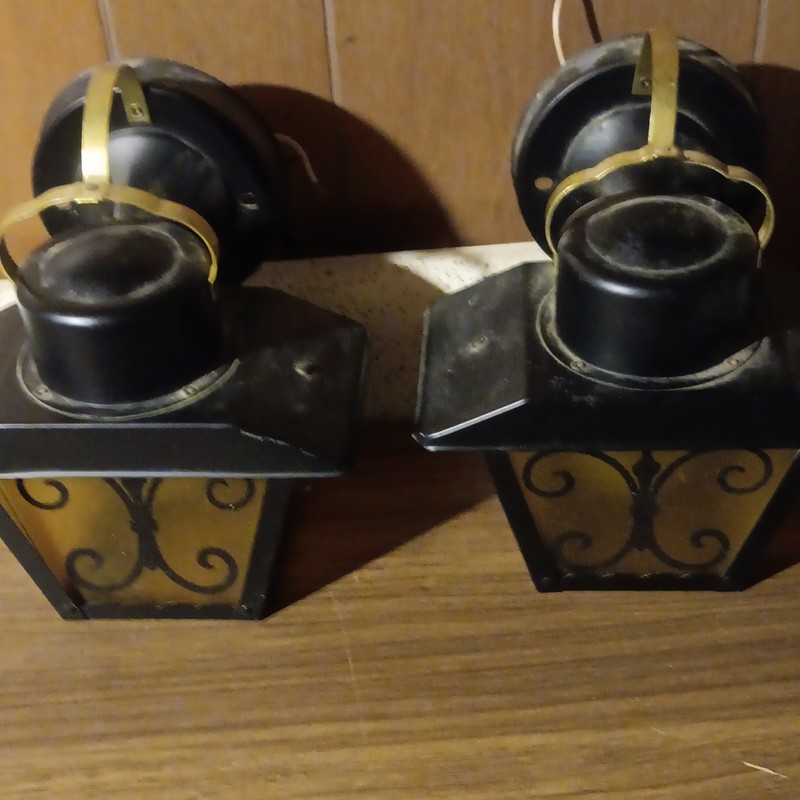 Pair Black & Gold Outdoor Wall Lantern Sconces Hardwired Weather Resistant