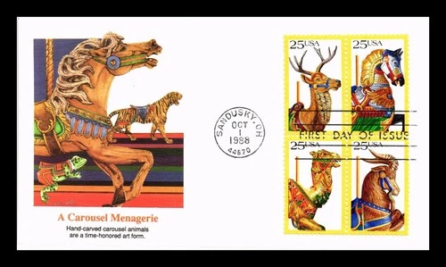 US COVER CAROUSEL ANIMALS FIRST DAY ISSUE SETENANT FLEETWOOD