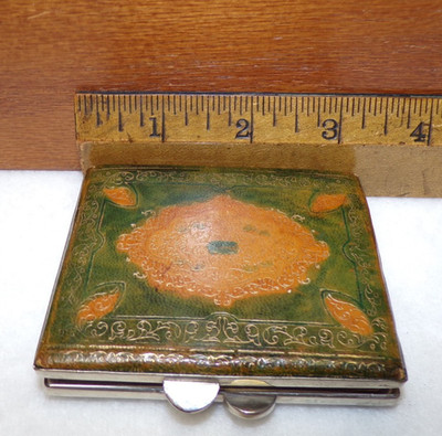 Vintage leather covered powder compact ,tooled leather,metal frame w/clasp