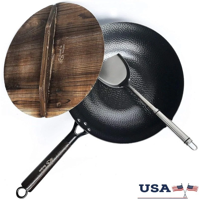 Pre-Seasoned Carbon Steel Wok W/ Lid Cooking Stir Fry Deep Fry Use High Heat