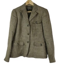 Lauren Ralph Lauren Womens Linen Blazer Jacket Houndstooth Size 8 Fitted Pockets