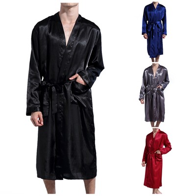 Men's Satin Long Sleeve Kimono Robe V Neck Pockets Lightweight