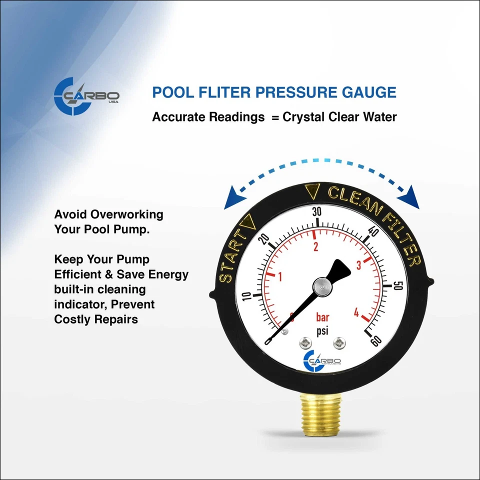 Pool Filter Pressure Gauge, Adjustable Twist Bezel, 1/4" NPT Low Mnt 0-60 psi - Image 2 of 4