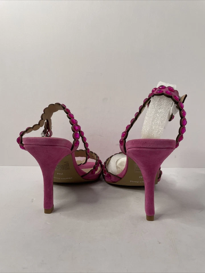 Sandalias Charles David Damas Talla 7.5 Rosa Estrás Gamuza Correa al Tobillo Tacones Foto 3 de 4