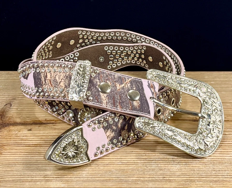 Blazin Roxx Belt Pink & Camo Leather Rhinestone Stud Bling Western Cowgirl L - Image 2 of 4