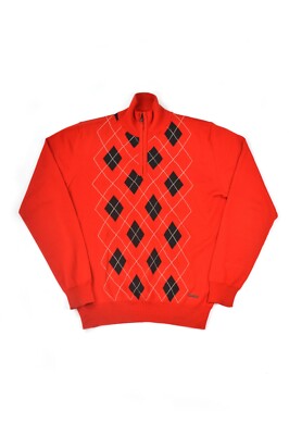 Burberry London 1/4 Zip Red Merino Wool Argyle Sweater Made in