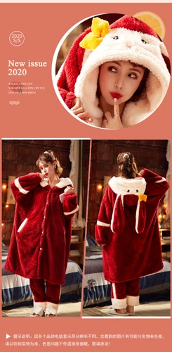 Accappatoio donna autunno inverno spesso con cappuccio dolce flanella vestaglia abito lungo pile - Foto 19 di 31