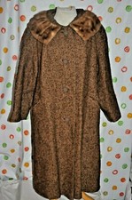 Vintage FUR COLLAR 60's brown tweed WOOL DRESS COAT WOMENS Large CHIC STYLE EUC