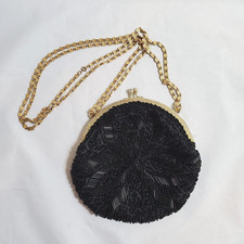 Vintage Round Black Beaded Evening Bag Seeded Small Purse Goldtone Chain Clutch