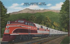 Postcard Railroad Train Rocky Mountain Rocket Foot Famous Pikes Peak 