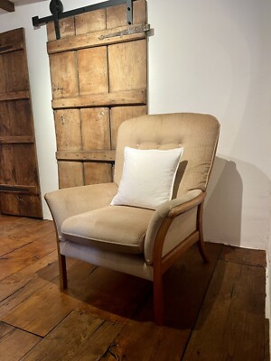 Rare Parker Knoll Chair PK 1240 In Light Wood And Peach Velour