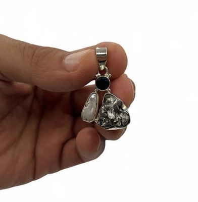 Brutalist Sterling Silver 925 Campo Del Cielo Meteorite Pearl & Onyx Pendant