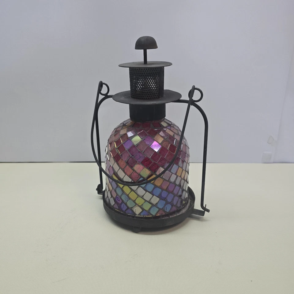 Lanterna de vela de vidro mosaico azulejo iridescente decoração de pátio boho estrutura de metal 11" - Imagem 4 de 4