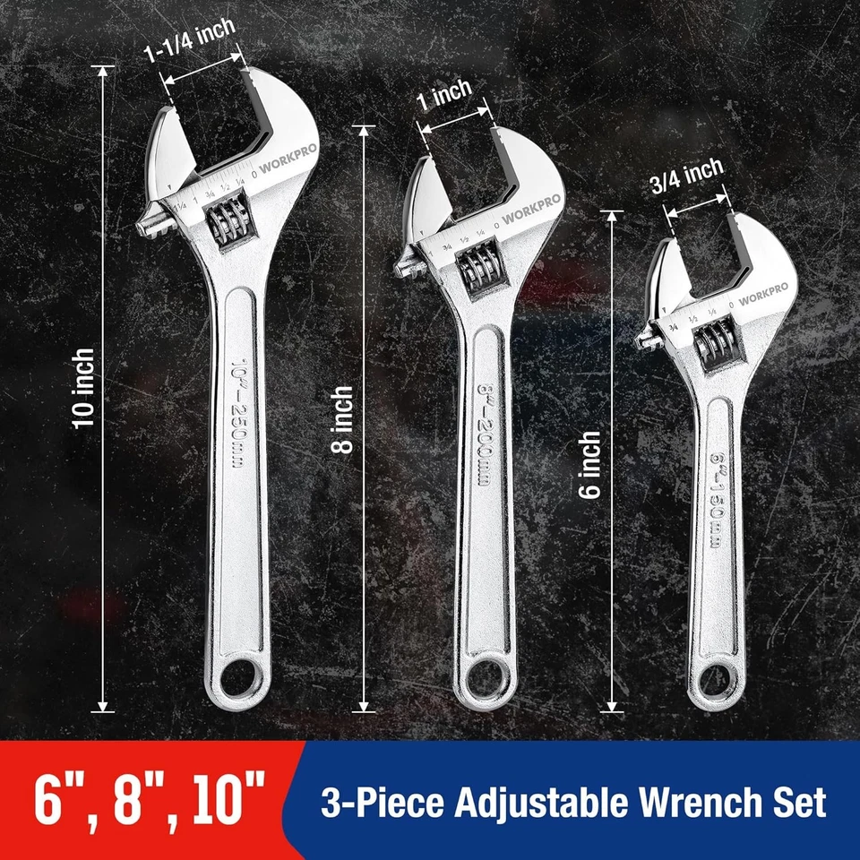 WORKPRO 3PC 6" 8" 10" Adjustable Wrench Set Forged Carbon Steel SAE&Metric Scale - Image 2 of 4