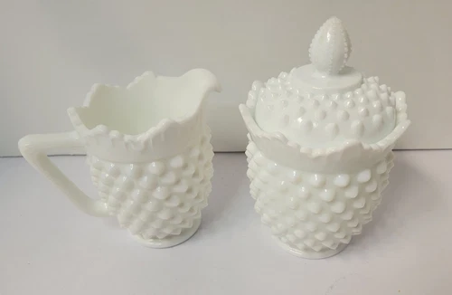 Vintage Fenton Hobnail Milk Glass Cream and Covered Sugar Bowl