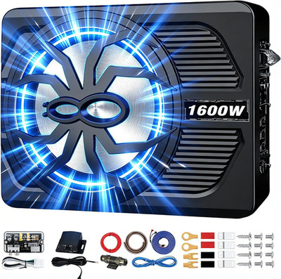 2026 Upgrade 1600W Slim under Seat Car Subwoofer with Built in Amplifier, RGB Bl