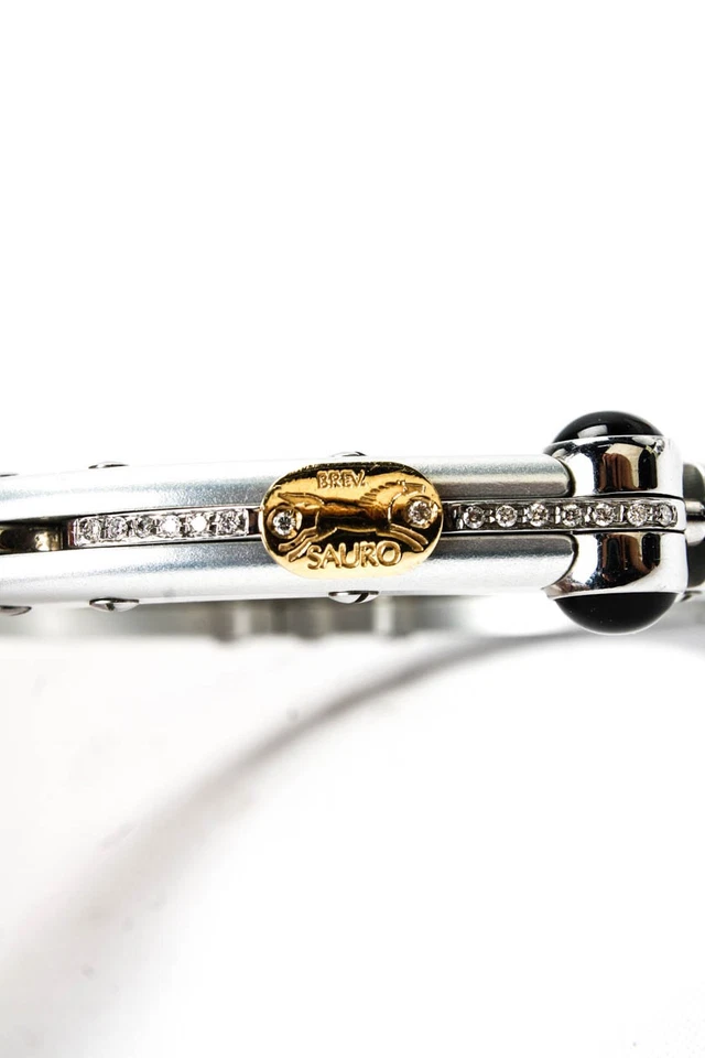 Brev Sauro Womens Stainless Steel 18K Yellow Gold Accent Diamond + Onyx Bangle B - Image 4 of 4