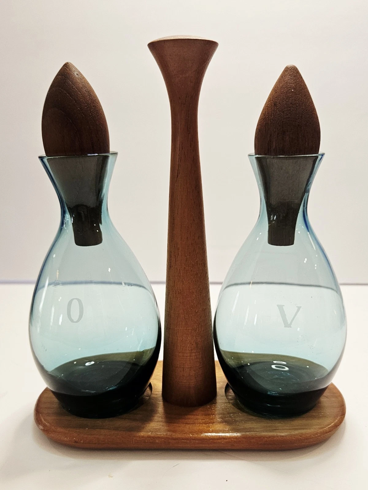 Mid Century Modern Teak Oil Vinegar Cruet Set Blue Aqua Glass Danish MCM O V
Opens in a new window o