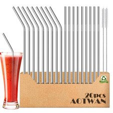 20-Pack Reusable Stainless Steel Metal Straws, 9 Straight + 9 Bent 8.5 Inch Meta
