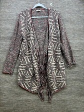 Lucky Brand Open Cardigan Sweater Womens L Aztec Fringe Waterfall Hippie Boho