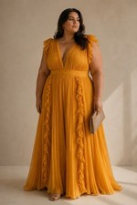 Mac Duggal Marigold Pleated Ruffle Cap Sleeve V Neck Gown Dress Womens Size 18