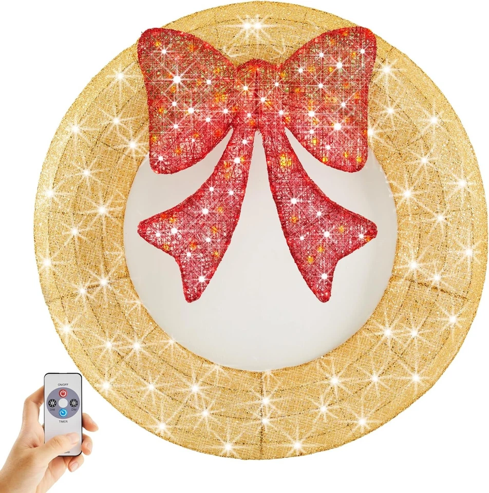 36/48inch Pre-Lit Christmas Wreath LED Lighted Holiday Door Decoration with Bow - Image 4 of 4