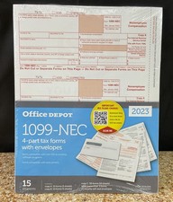 Office Depot 1099-NEC 4-Part Tax Forms w/Envelopes 15 Recipients/2023
