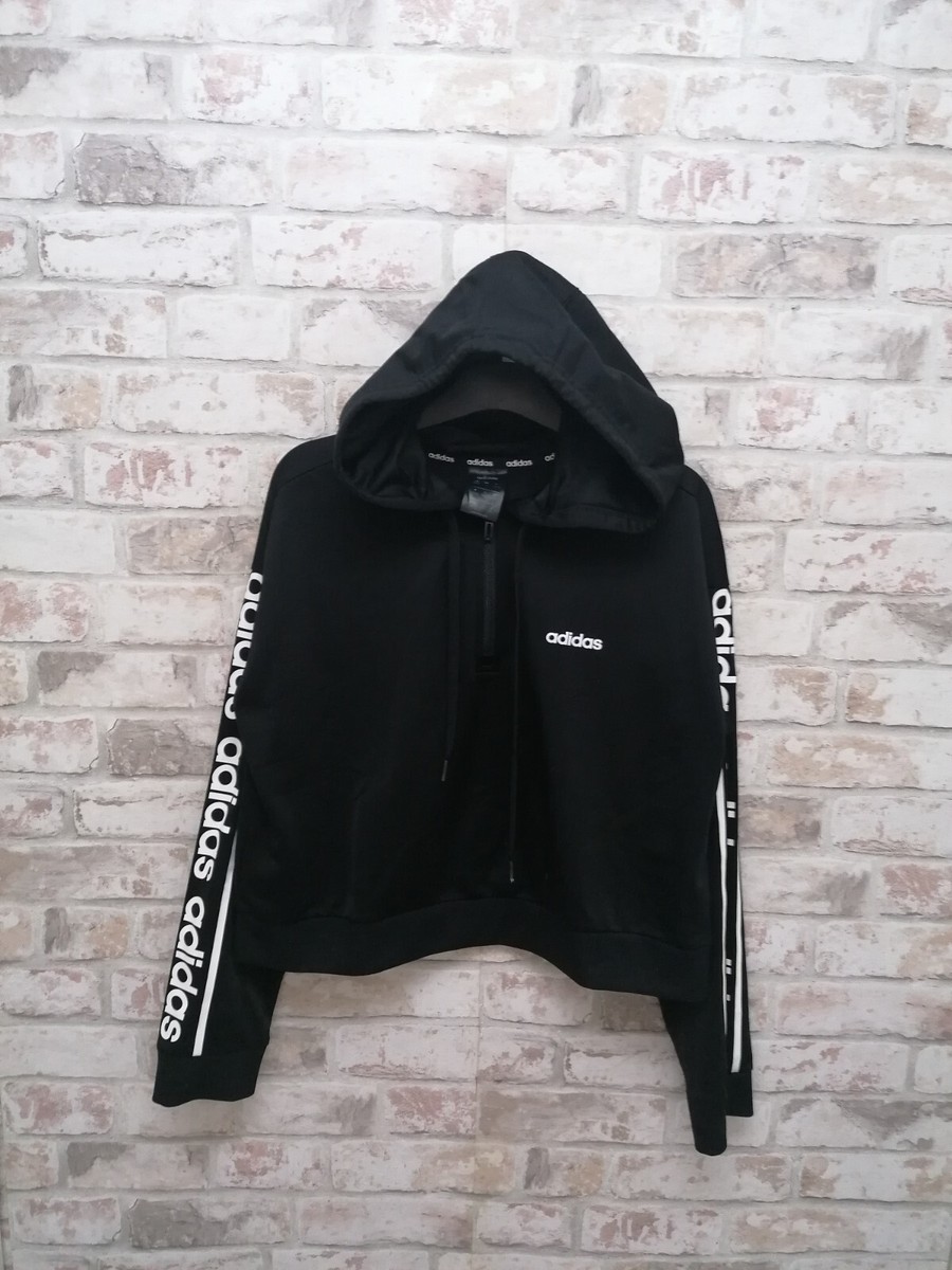 ADIDAS LOGO TAPE BLACK CROPPED HOODED SWEATSHIRT SIZE 8-10