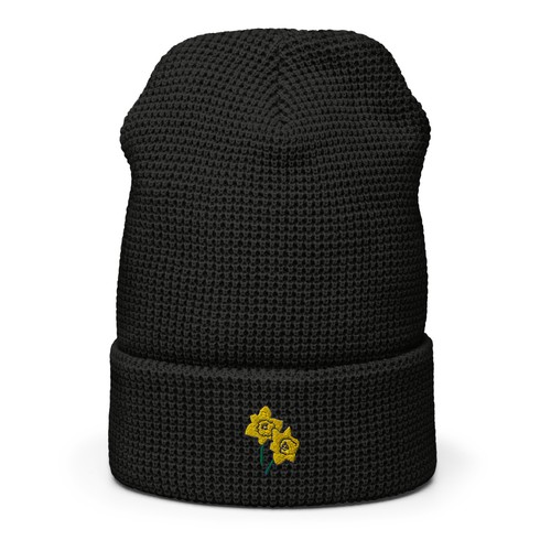 Waffle beanie Embroidered Daffodils Floral One Size Unisex Adult Beanie Hat - Picture 7 of 14