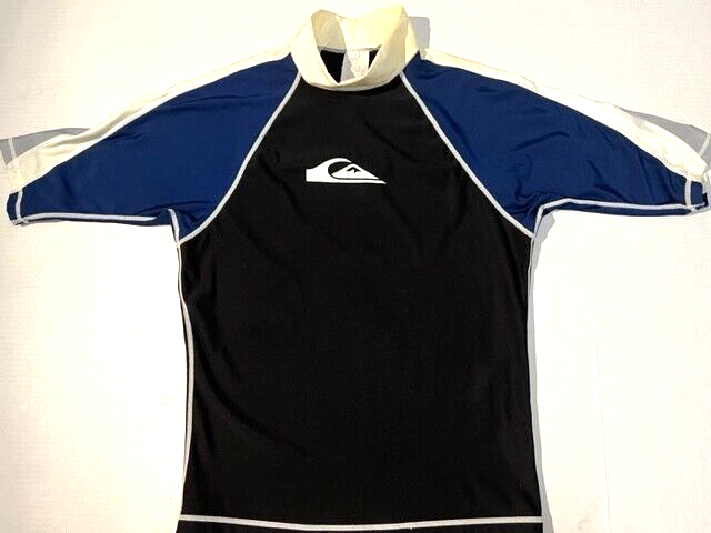 New QUICKSILVER Rash Guard Shirt sz L Blk Blue Wht S/S Compression