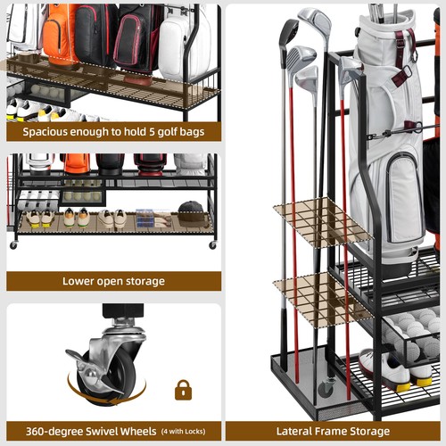 Golf Bag Stand Holder Organizer for Garage Fit for 5 Golf Bag with Wheels Summer - Picture 6 of 12
