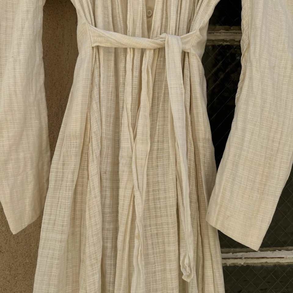 Antiguo Vestido Victoriano Blanco Cuadros Lino Envolvente Volantes Maxi Pradera De Colección Foto 4 de 4