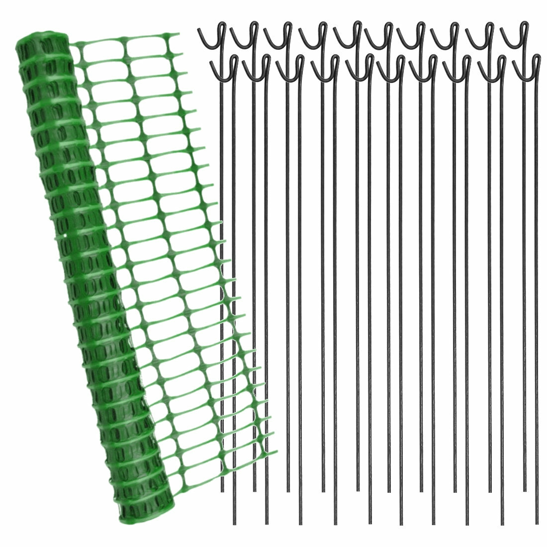 Green Plastic Mesh Safety Barrier Fencing 25m x 1m & 20 Steel Metal Fencing Pins