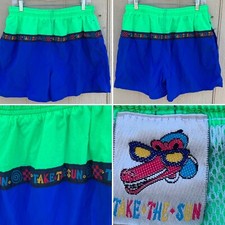 Vintage Neon Green Blue Color Block Swim Shorts Spell Out Take The Sun 80s 90s